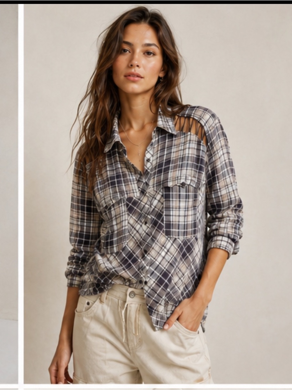 Free People Stitch Detail plaid top